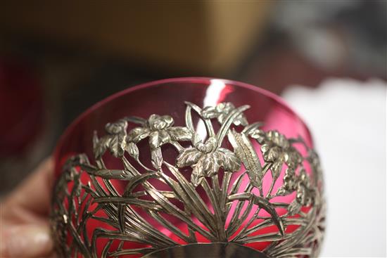 A set of six late 19th/early 20th century Chinese Export silver finger bowls by Wang Hing & Co, Hong Kong, with ruby glass liners,